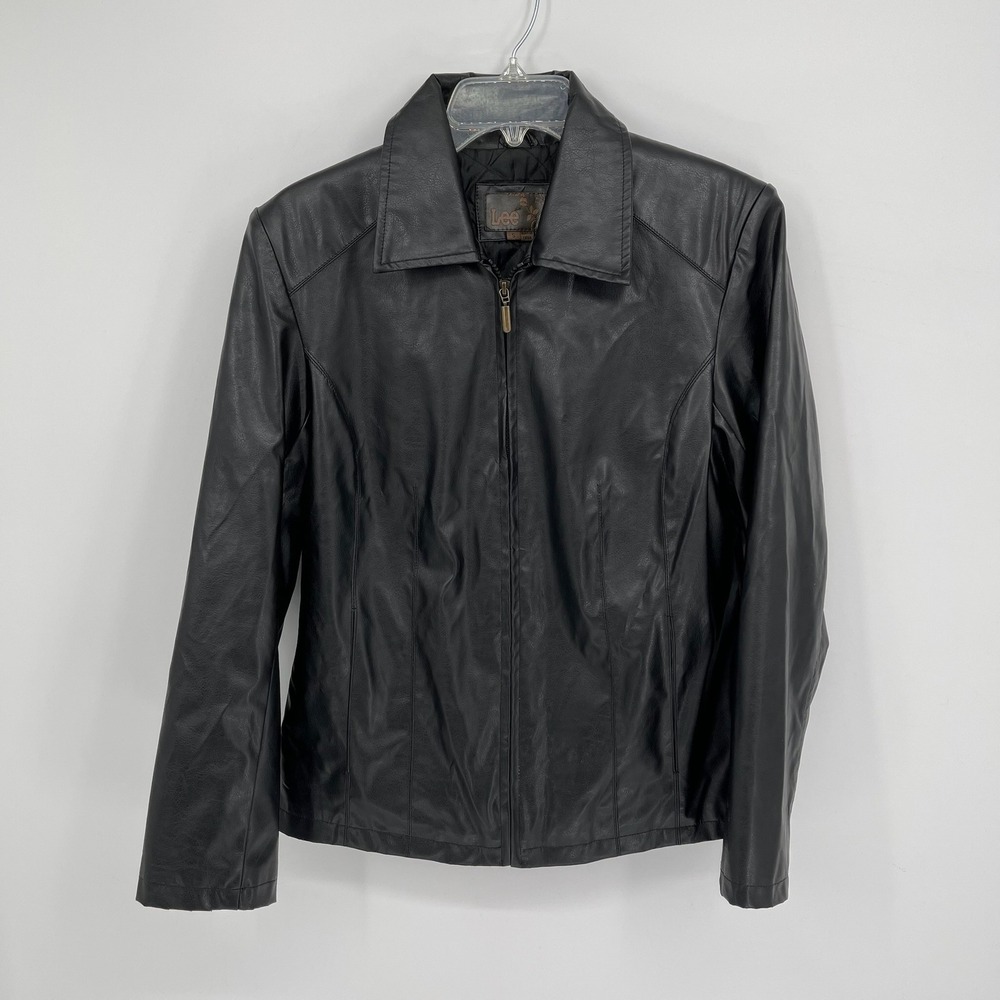 Lee Women's Black Faux Leather Quilted Lined Zip Up Moto Jacket Size Small